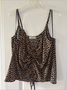 Rielle's Navy and Yellow Leaf Print Drawstring Cowl Neck Tank